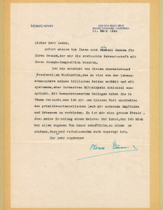 Thomas Mann Letter, March, 1944